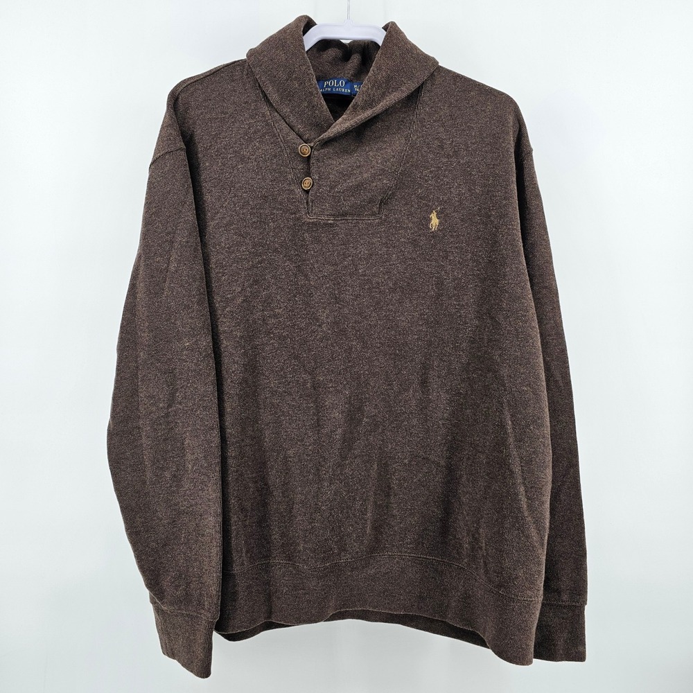Polo Ralph Lauren Sweater Mens XL Brown Shawl Collar Button Pullover Cotton Logo